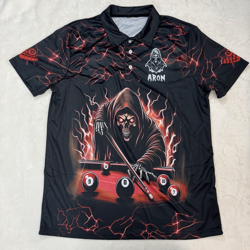 Grim Reaper Pool Polo Shirt Mens L Black Graphic Billiards Anarchy 8s